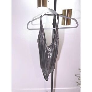 AB Design Metallic Gunmetal Silver Halter Neck Deep V Bodysuit Festival Rave